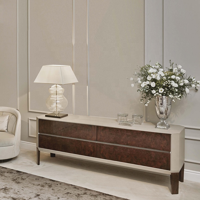 Light Luxury Design Italian Furniture Burl Wood Veneer Made Modern Sideboard With Four Cabinet